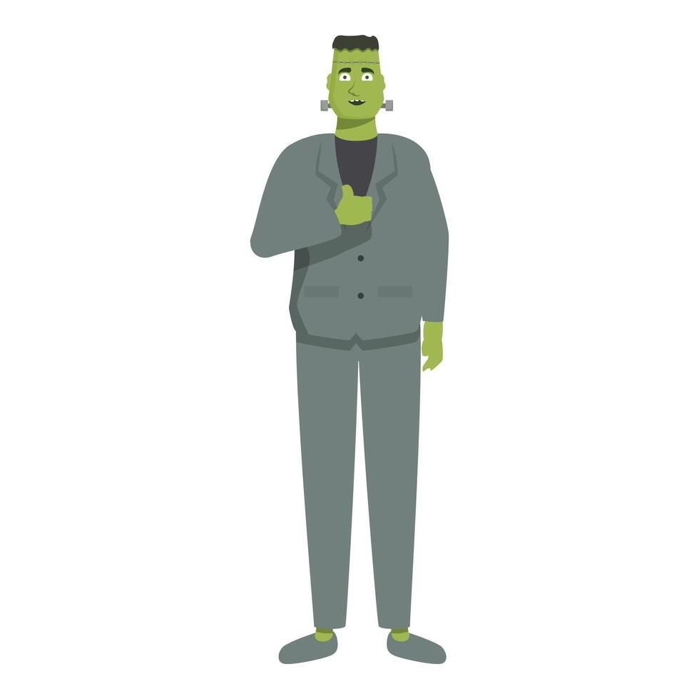 Friendly frankenstein monster wearing suit is touching his chest with hand vector