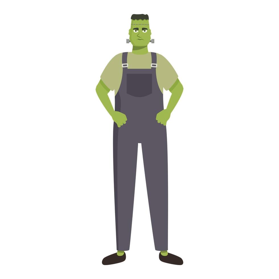 Green frankenstein monster wearing overalls is standing with hands on hips vector