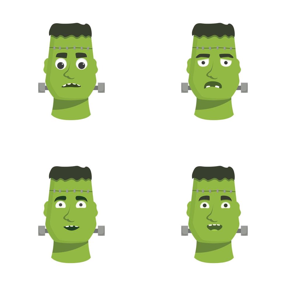 Set of cartoon frankenstein's monster faces with expressions vector