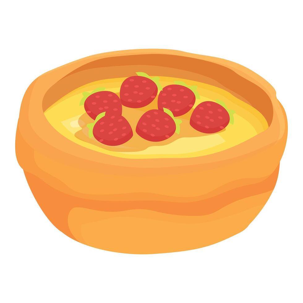 Delicious custard dessert with strawberries served in ceramic bowl vector