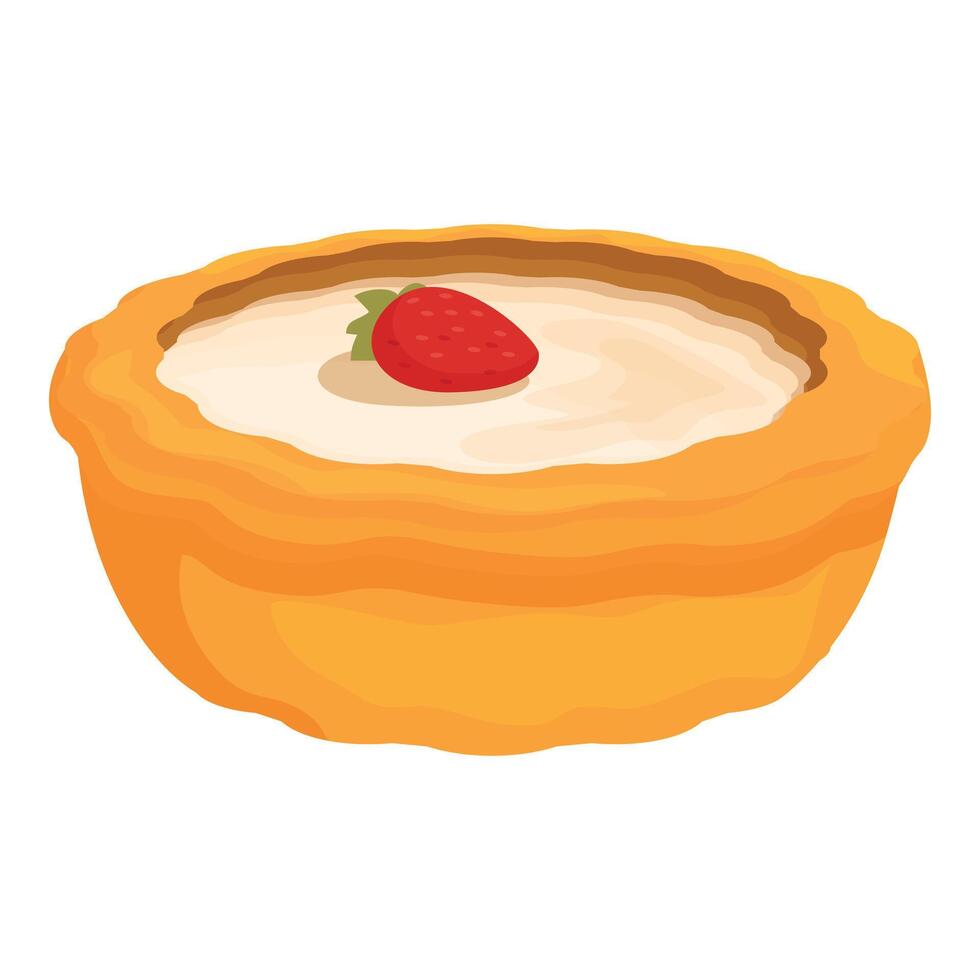 Delicious round tartlet with cream filling and a ripe strawberry on top vector