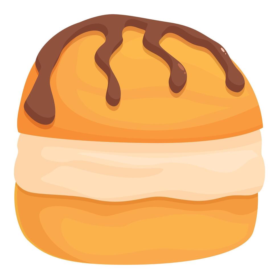 Sweet round cake is filled with white cream and topped with a chocolate drizzle vector