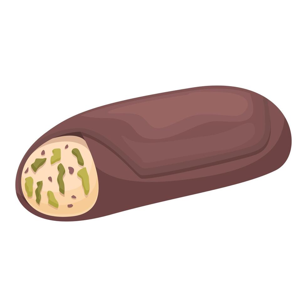 Chocolate candy bar with pistachio paste filling resting on white background vector