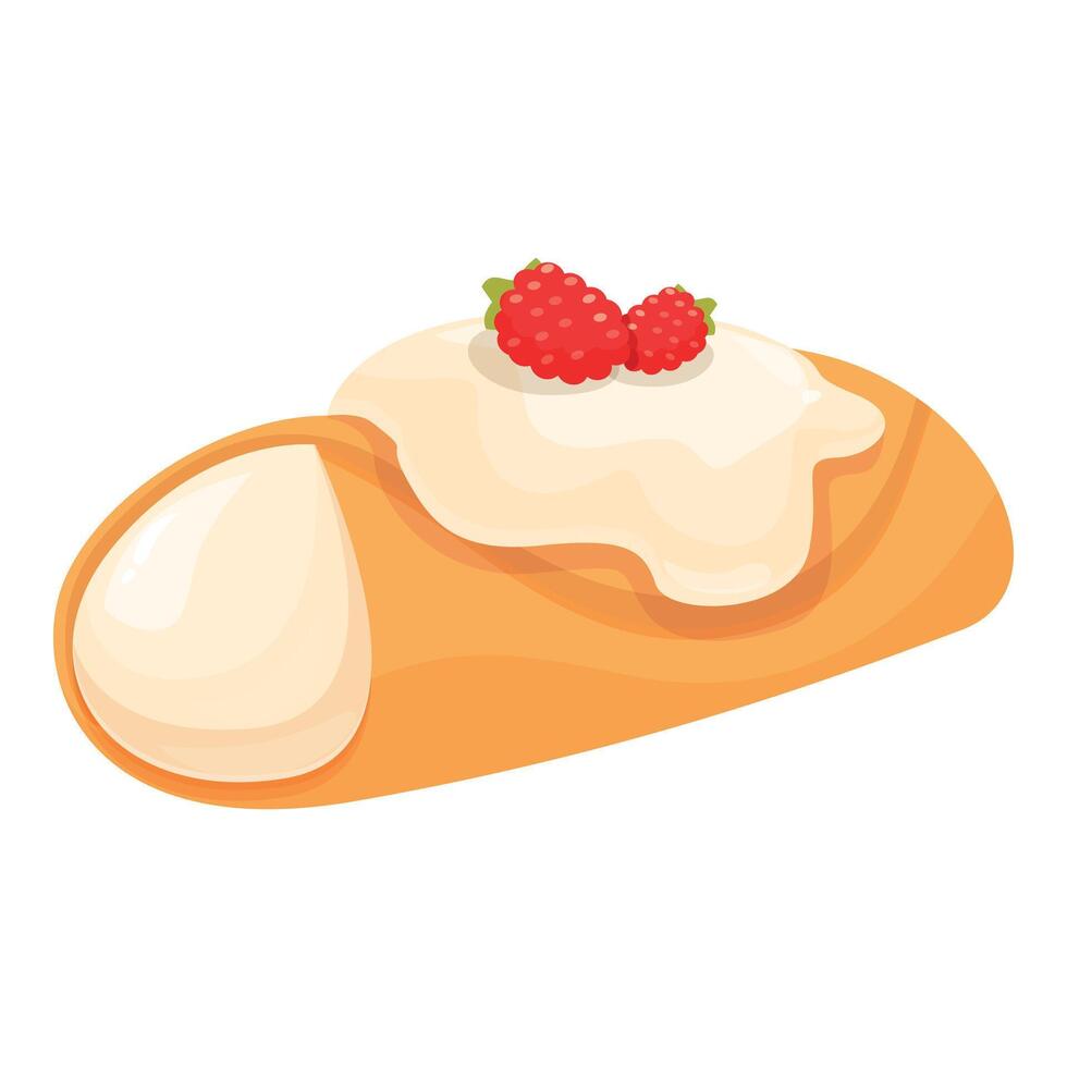 Delicious cartoon style cannoli with cream filling and raspberries on white background vector