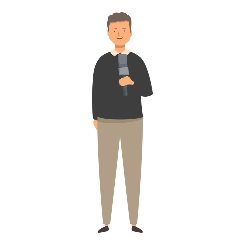 Smiling journalist holding microphone, reporting breaking news vector