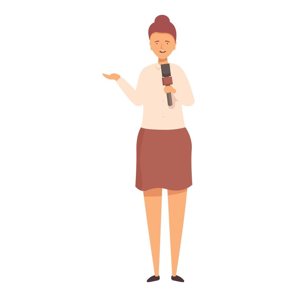 Female journalist holding microphone, making interview, talking on tv vector