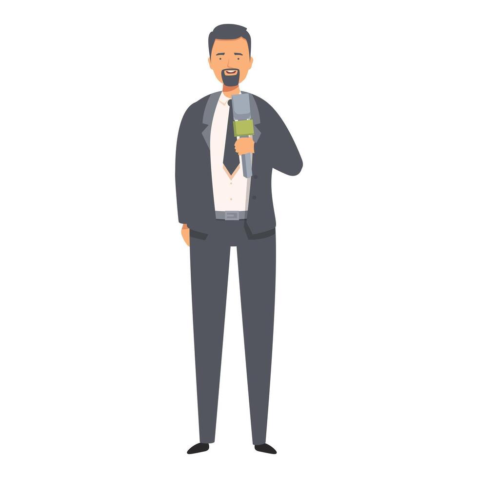 Male journalist in a formal suit standing and holding a microphone vector