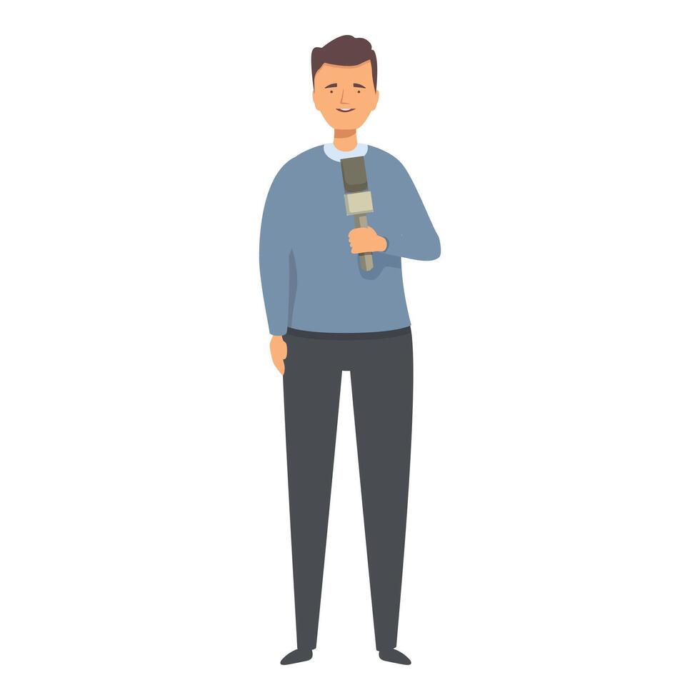 Smiling male journalist holding microphone reporting live news vector