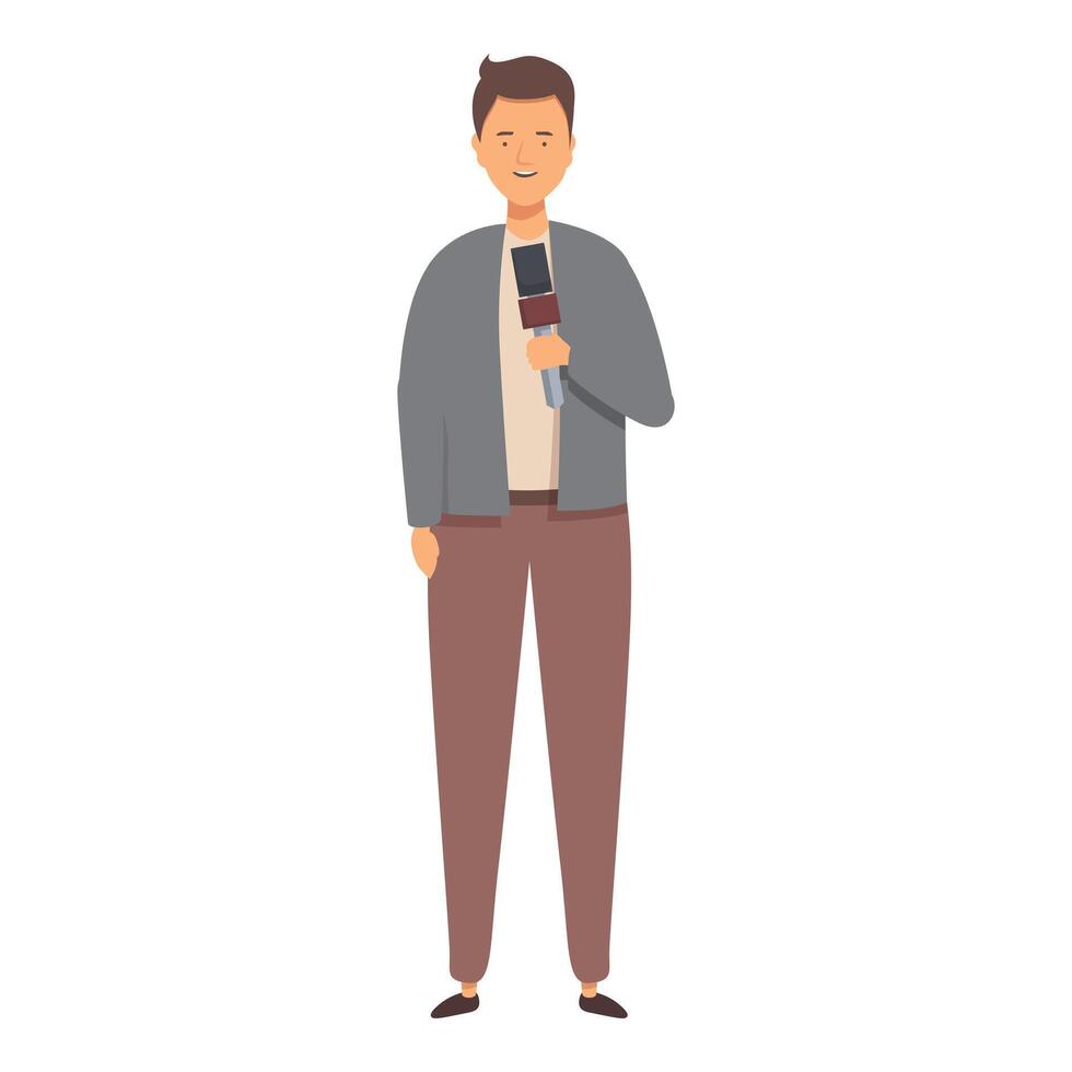 Smiling male journalist holding microphone, making interview, tv news reporter at work vector