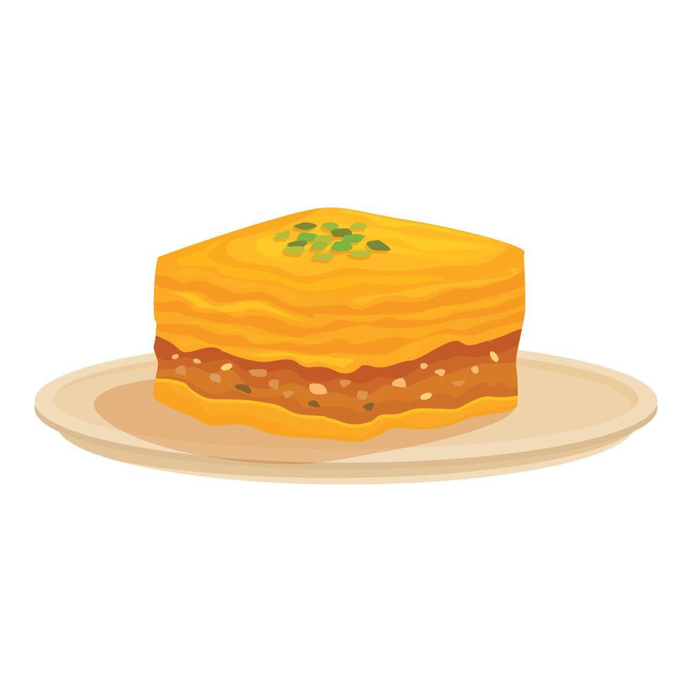 Delicious baklava piece lying on plate covered with pistachios vector