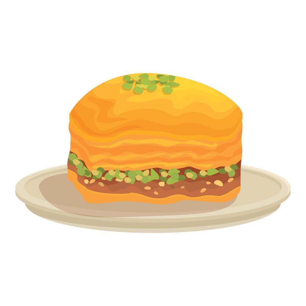 Baklava sitting on plate drizzled with honey and pistachios vector