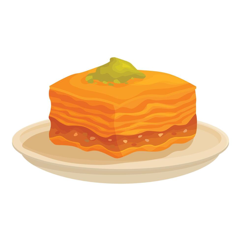 Delicious baklava piece lying on plate drizzled with pistachio paste vector