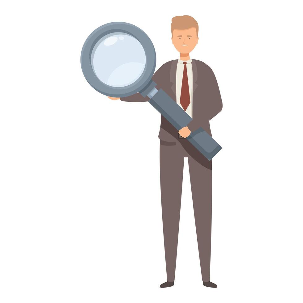 Smiling businessman holding magnifying glass searching for opportunity vector