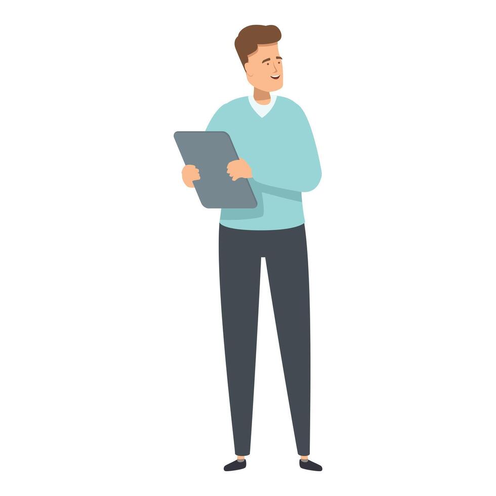 Young man holding tablet and smiling, planning project and brainstorming new ideas vector