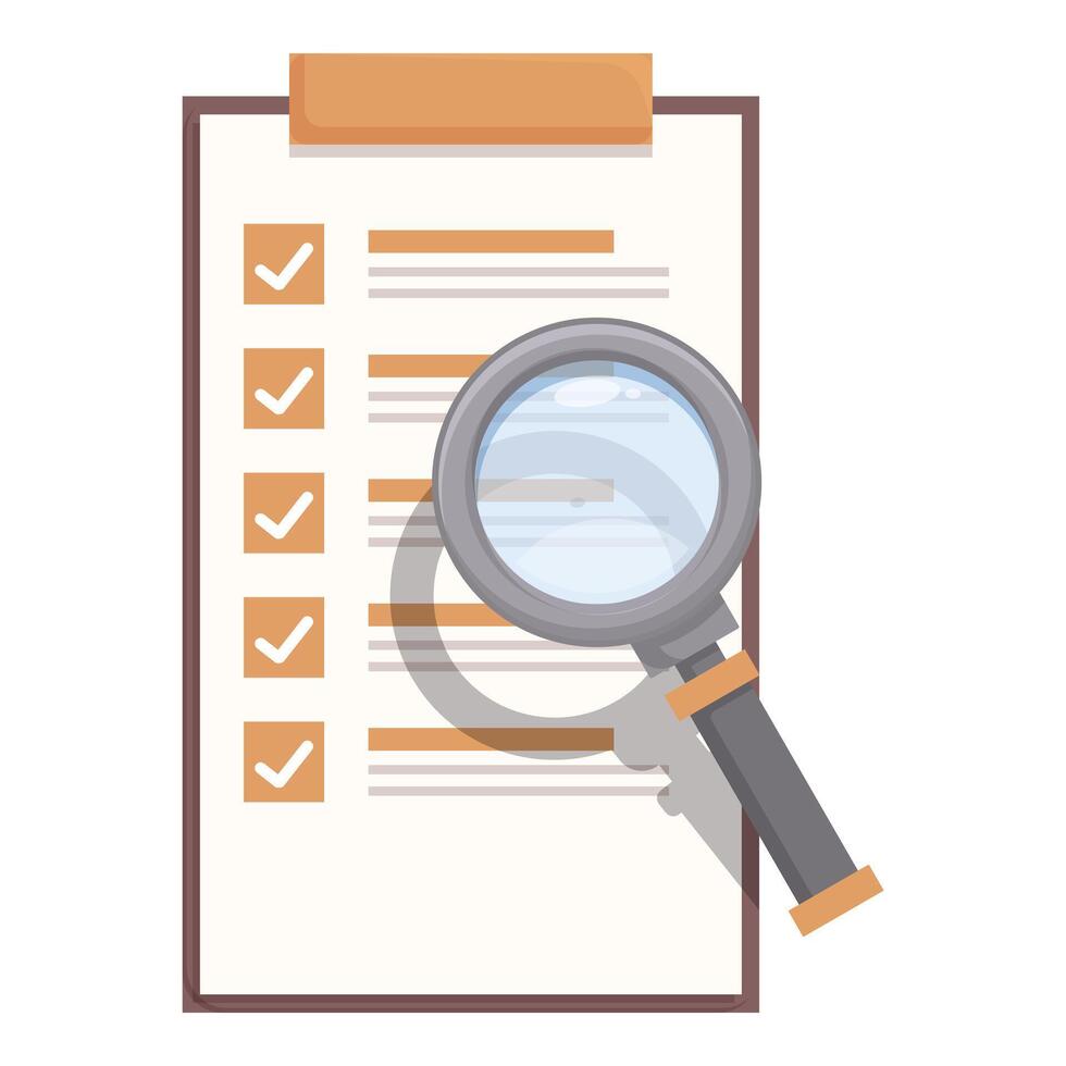Magnifying glass analyzing completed checklist on clipboard for audit or quality control vector