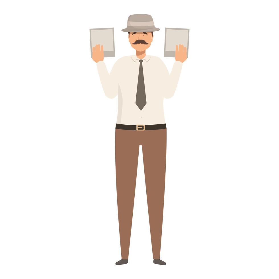Moustached man holding two placards while wearing a hat vector