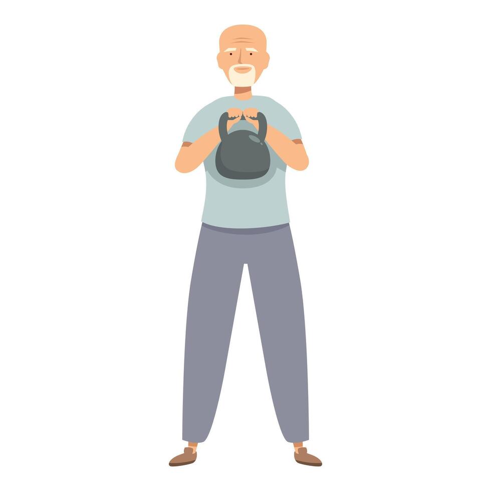 Senior man lifting kettlebell, embracing fitness and active lifestyle vector