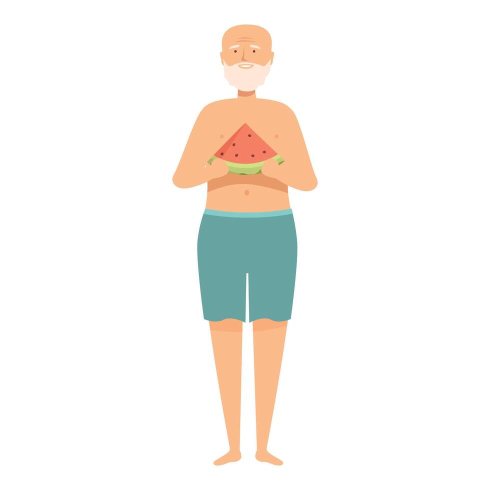 Senior man holding watermelon slice enjoying summer vacation vector