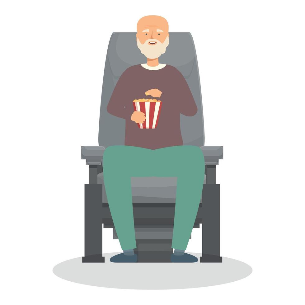 Senior man enjoying movie with popcorn in cinema seat vector