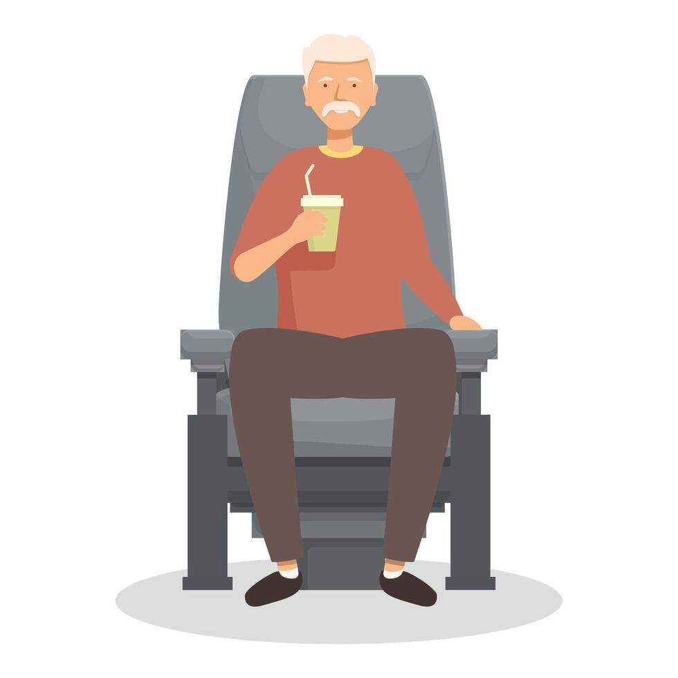 Elderly gentleman is savoring a beverage while seated in a movie theater vector