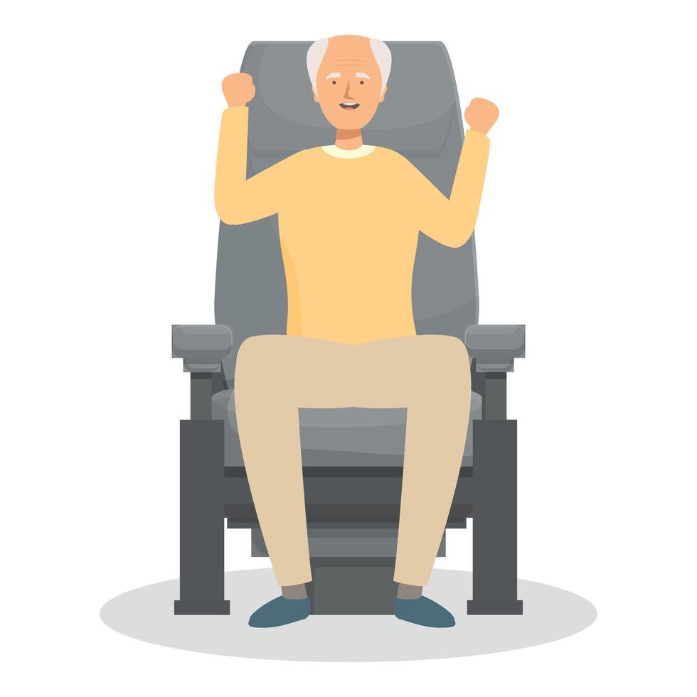 Senior man sitting in first class airplane seat raising his arms in excitement vector