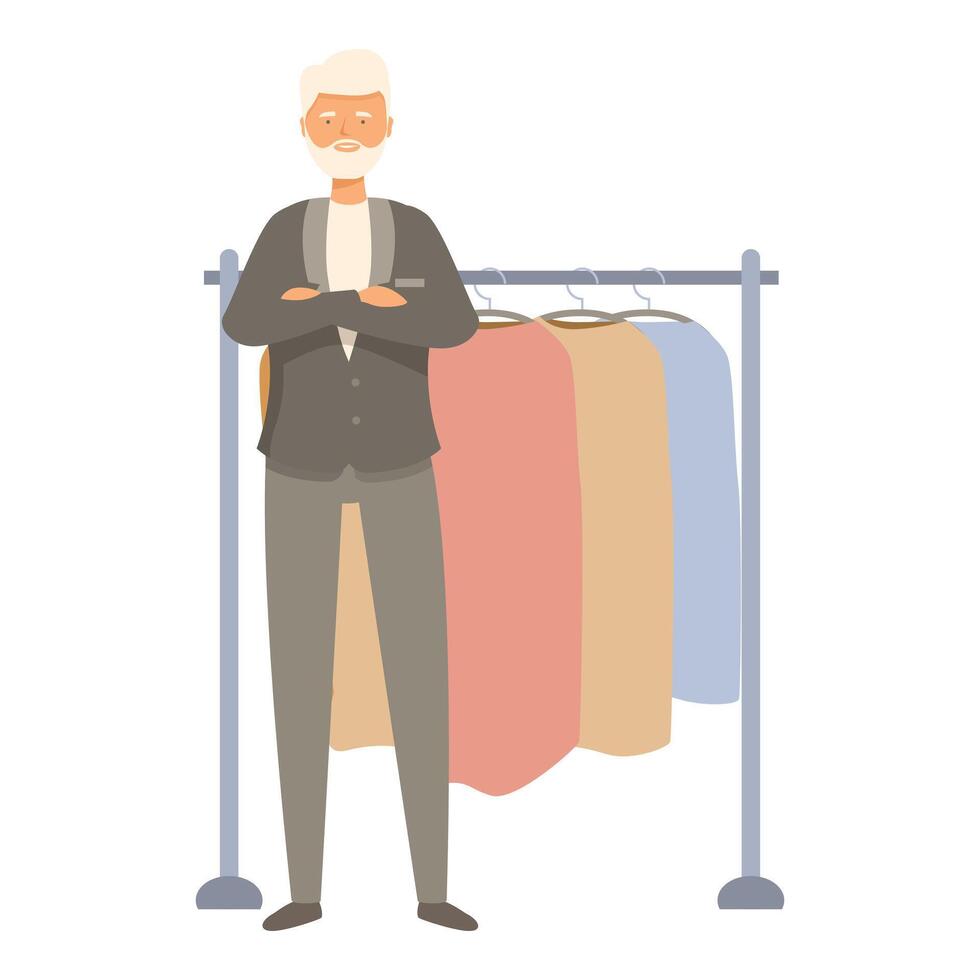 Senior tailor standing next to clothes rack posing with arms crossed vector