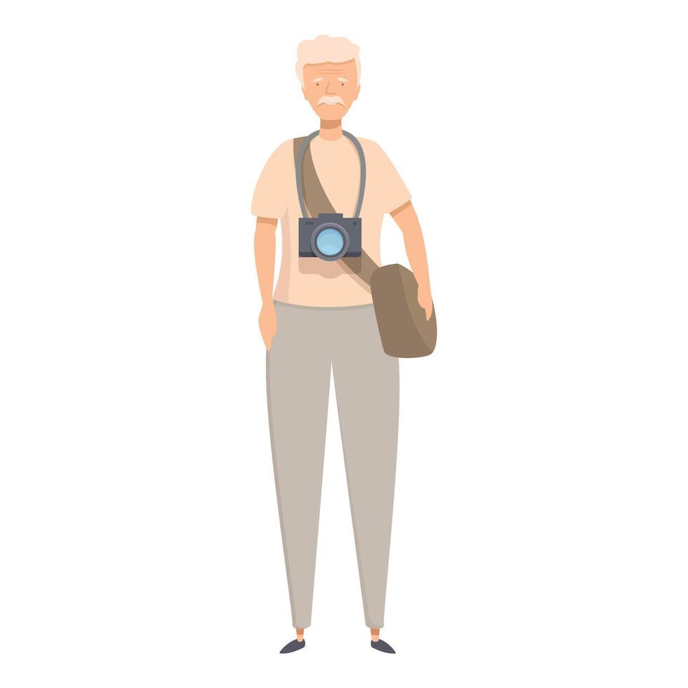 Senior photographer standing holding a camera and a bag vector
