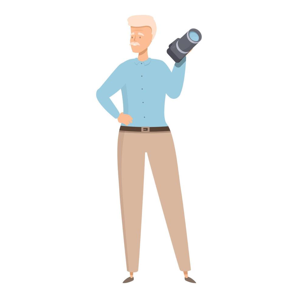 Senior photographer holding professional camera posing in studio vector