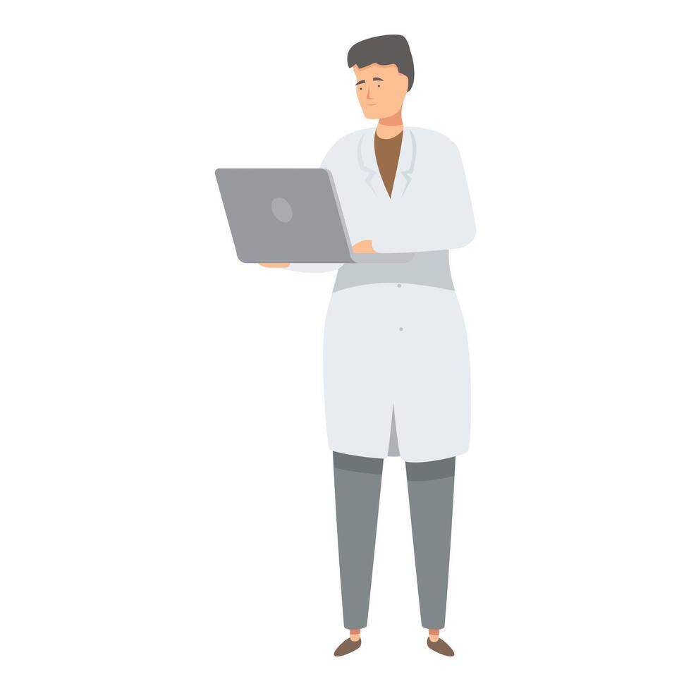 Doctor standing and working with laptop, healthcare and technology concept vector