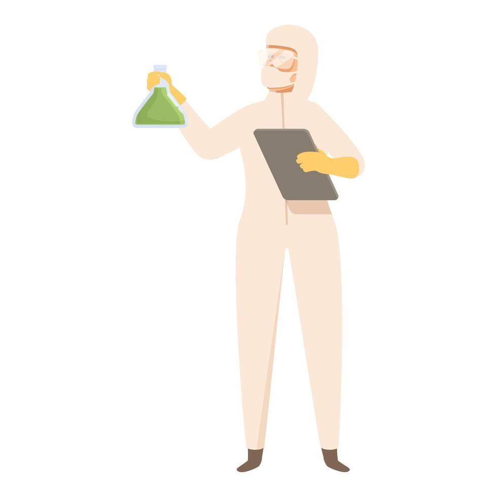 Scientist wearing hazmat suit holding a test tube and taking notes vector
