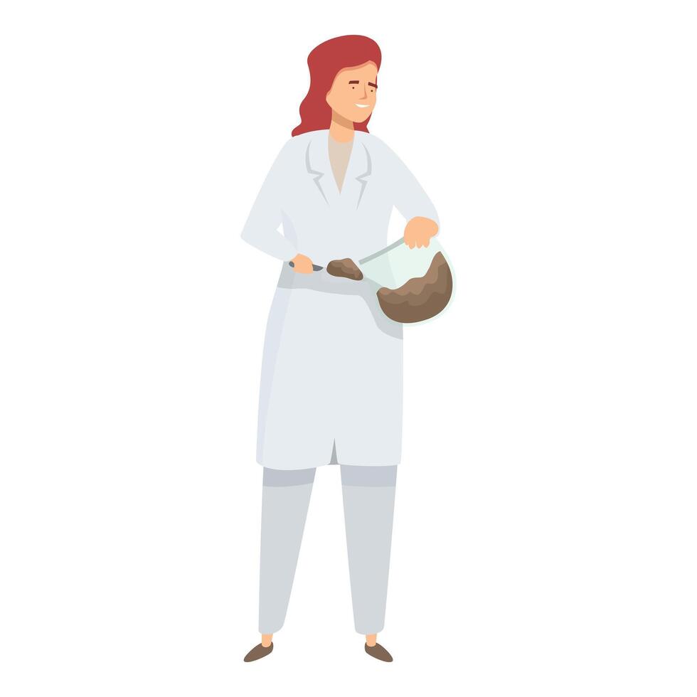 Smiling female scientist holding flask and spatula making experiment vector