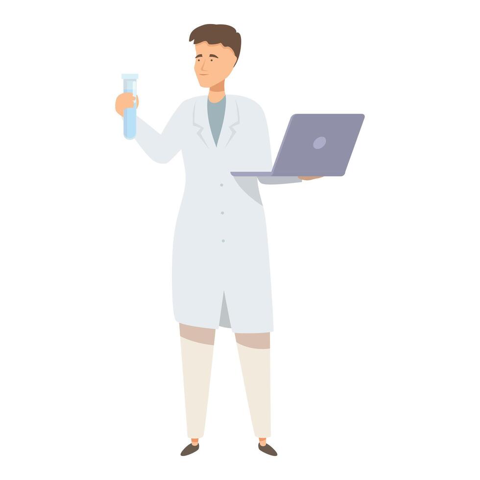 Scientist holding test tube and using laptop analyzing data vector