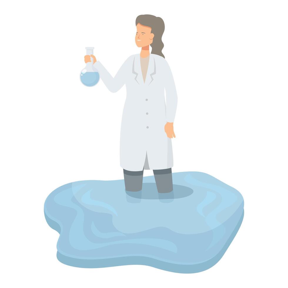 Female scientist standing in water holding a flask, climate change concept vector