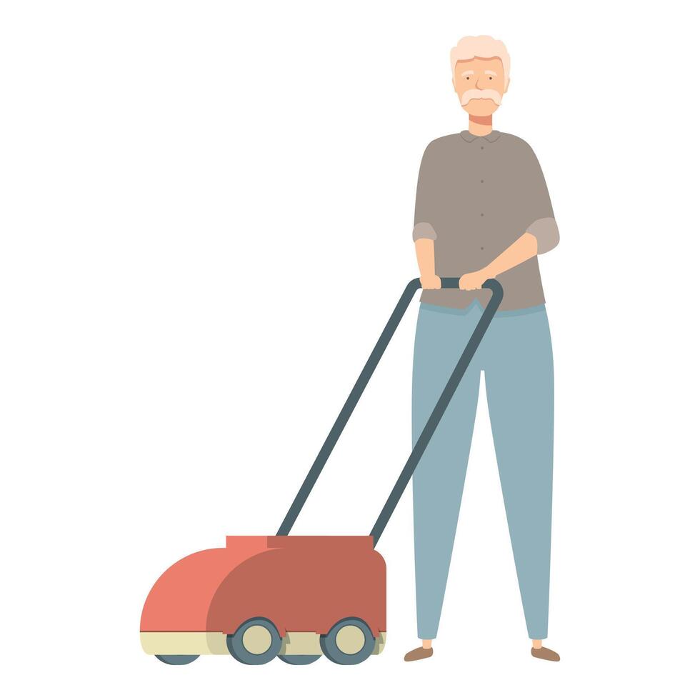 Elderly man mowing lawn with modern lawnmower in retirement vector