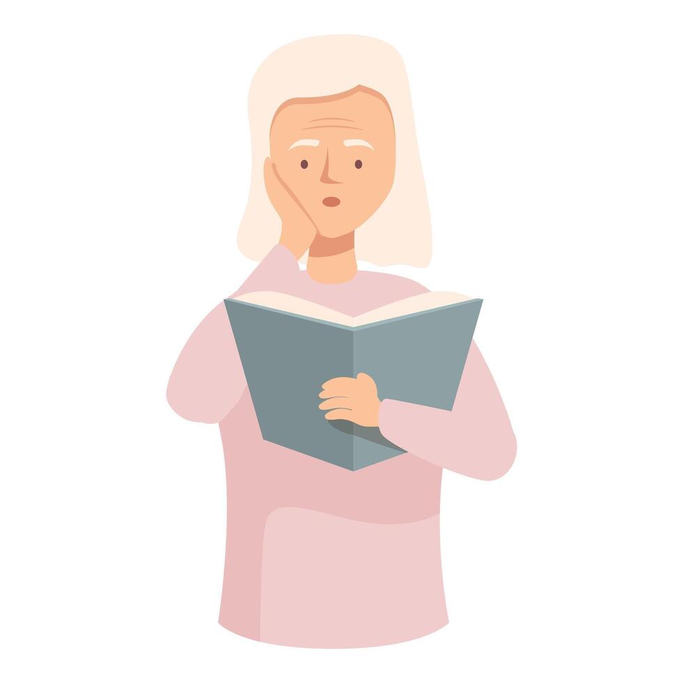 Senior woman reading interesting book, holding hand to face in surprise vector