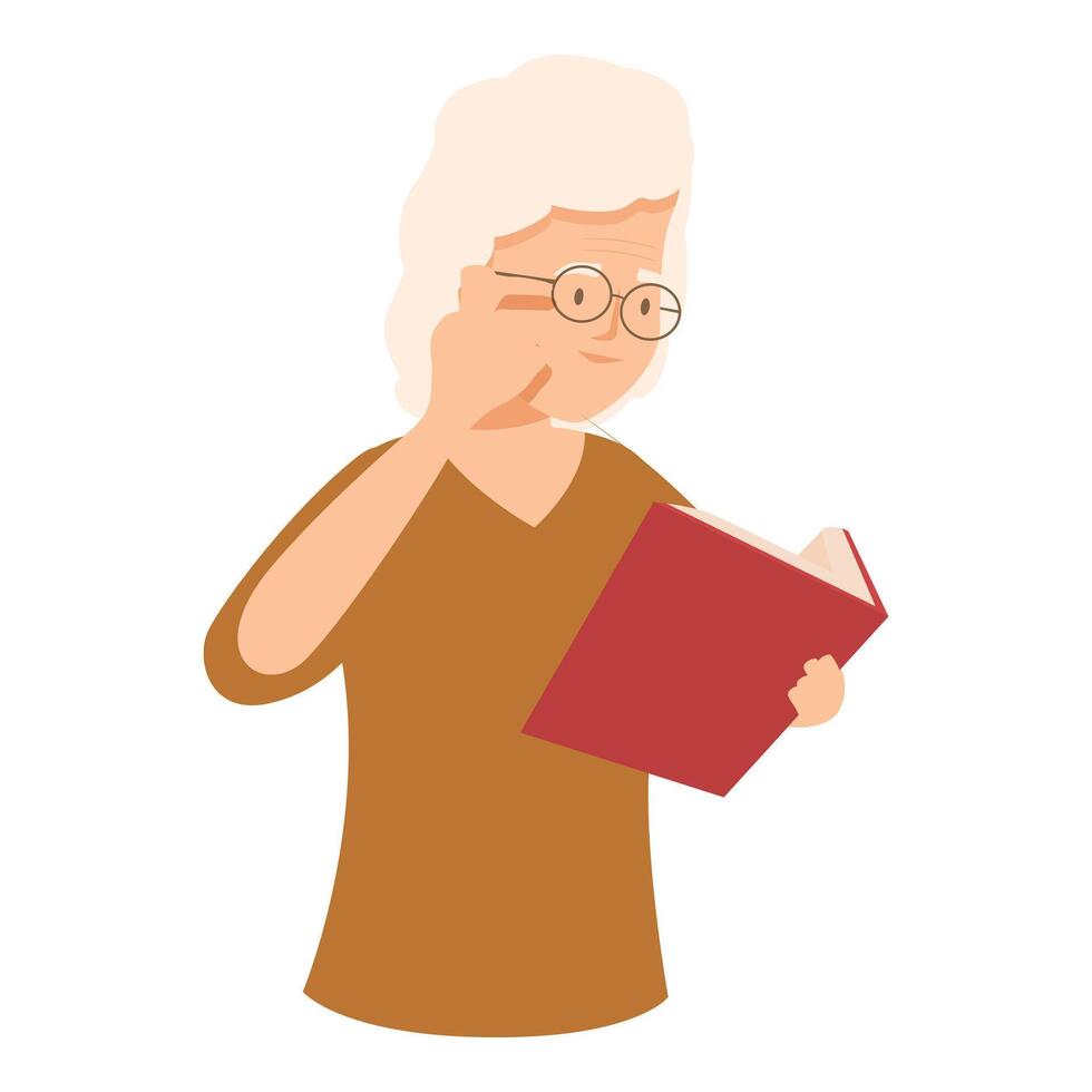 Senior woman adjusting eyeglasses while reading book vector