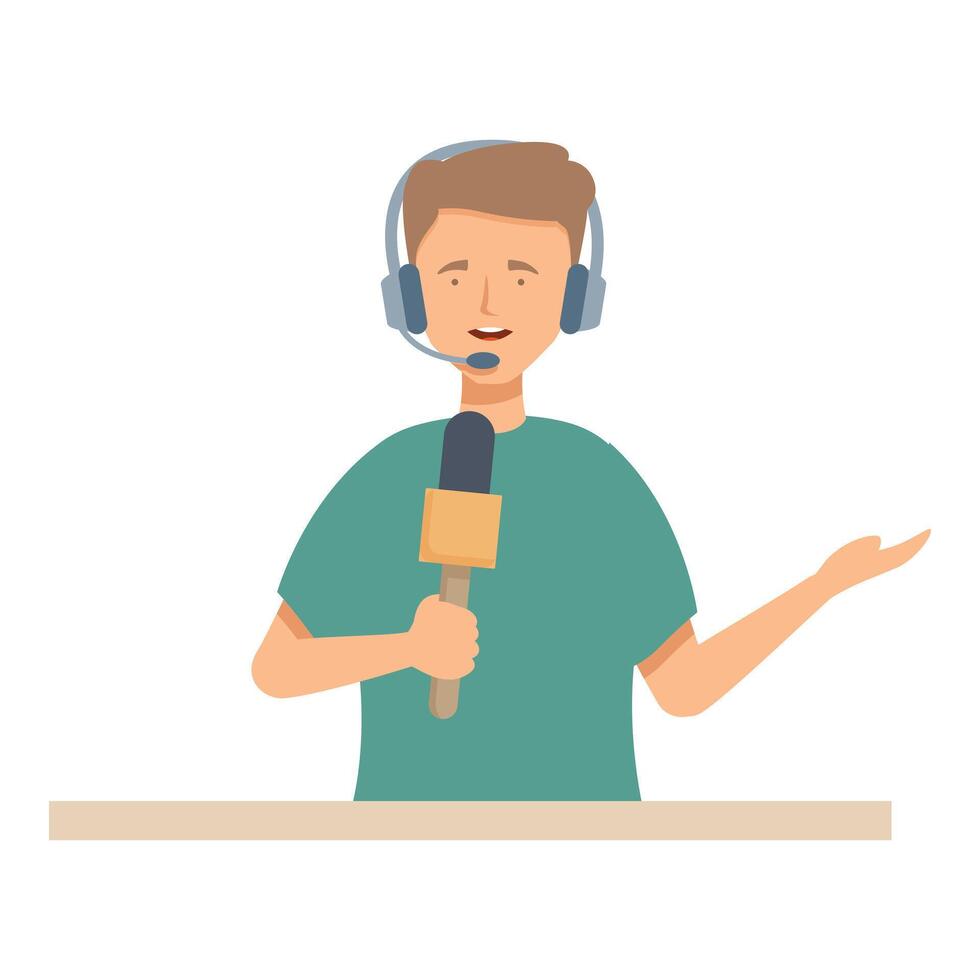 Male journalist reporting live holding microphone wearing headset vector