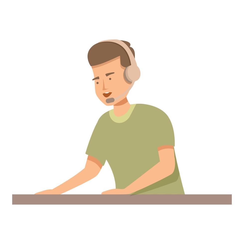 Male call center operator wearing headset speaking at desk vector
