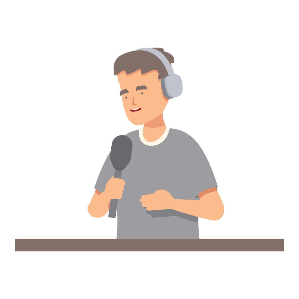 Radio host speaking into microphone wearing headphones vector