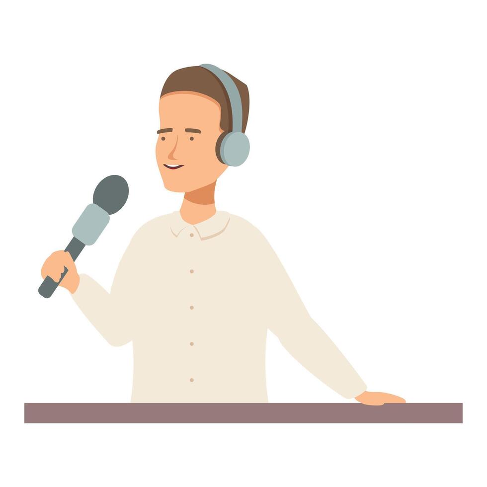 Radio host speaking into microphone, wearing headphones, radio studio vector