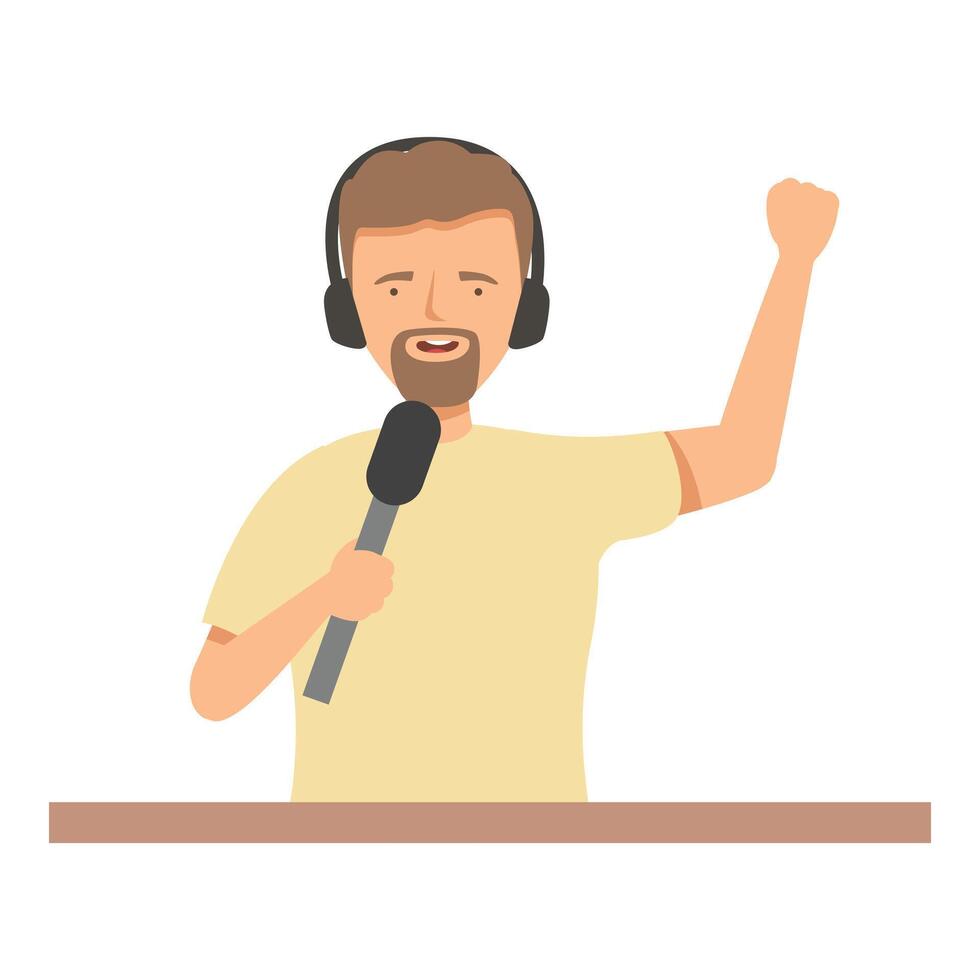 Radio host speaking into microphone wearing headphones talking on the radio vector