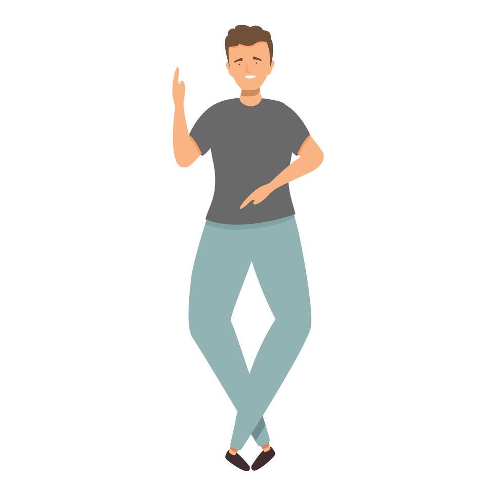 Young man standing on one leg pointing with finger explaining something vector