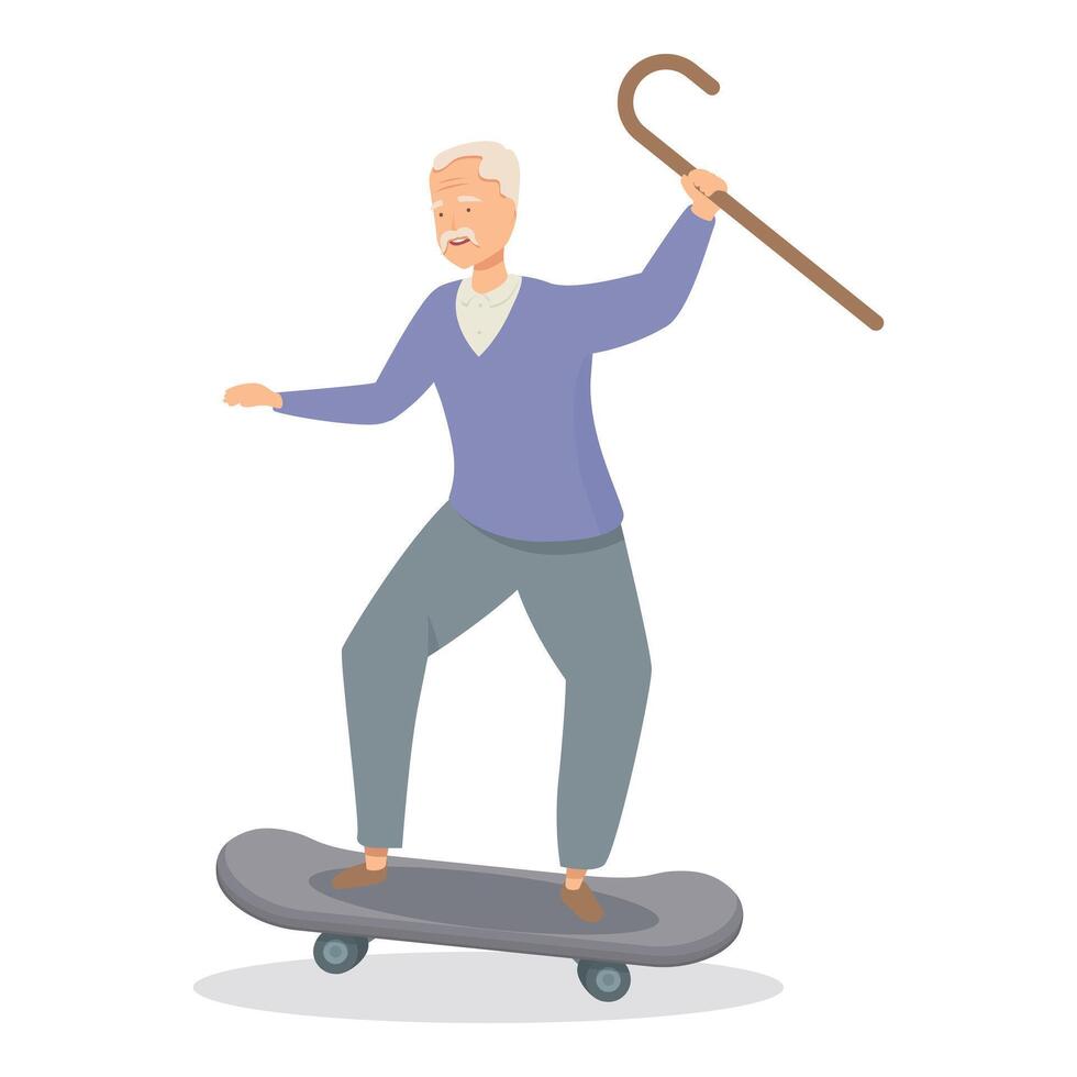 Senior man having fun riding skateboard holding walking stick vector