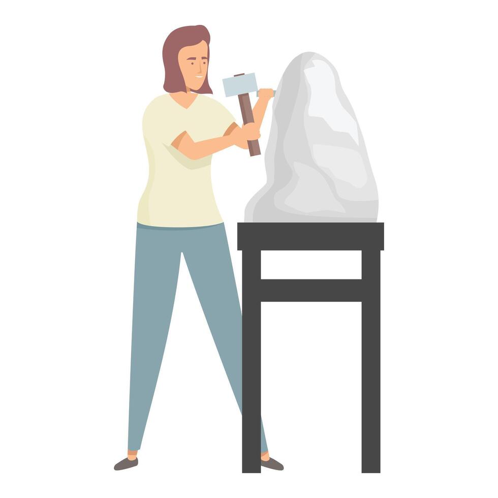 Woman sculptor carving stone sculpture with hammer and chisel vector