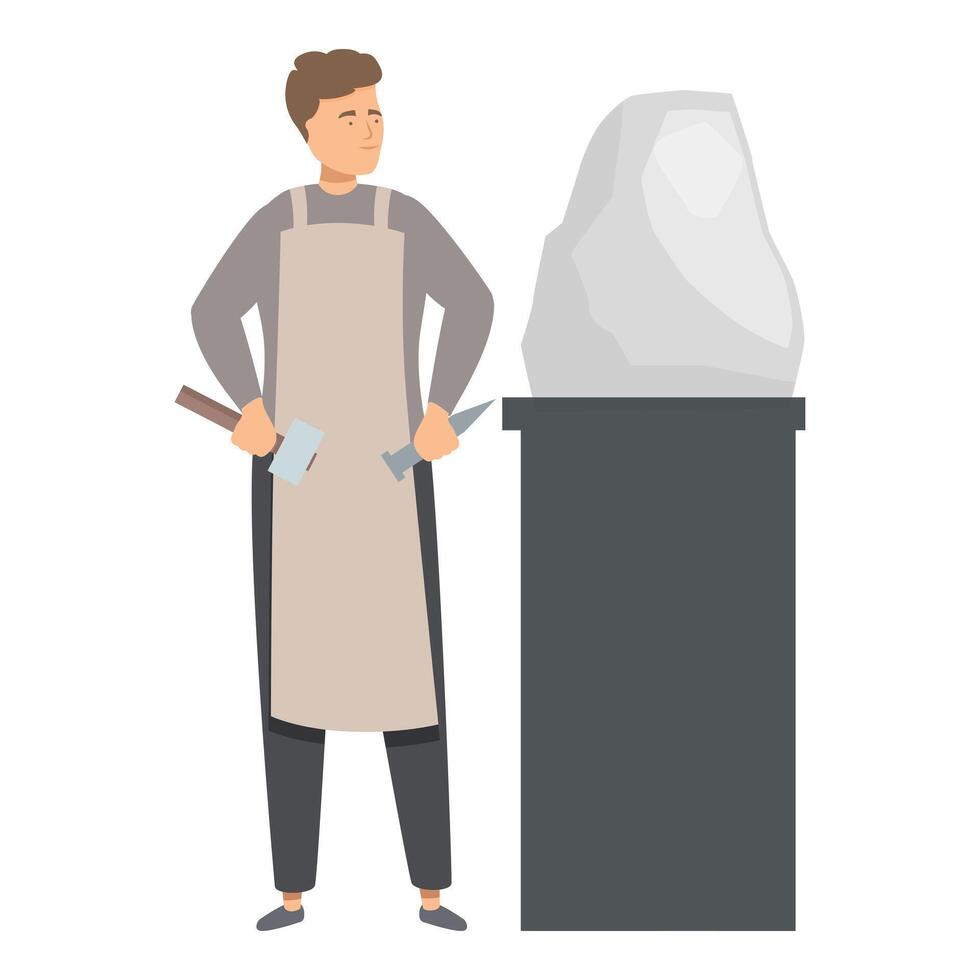 Male character wearing apron holding hammer and chisel, stone carving vector