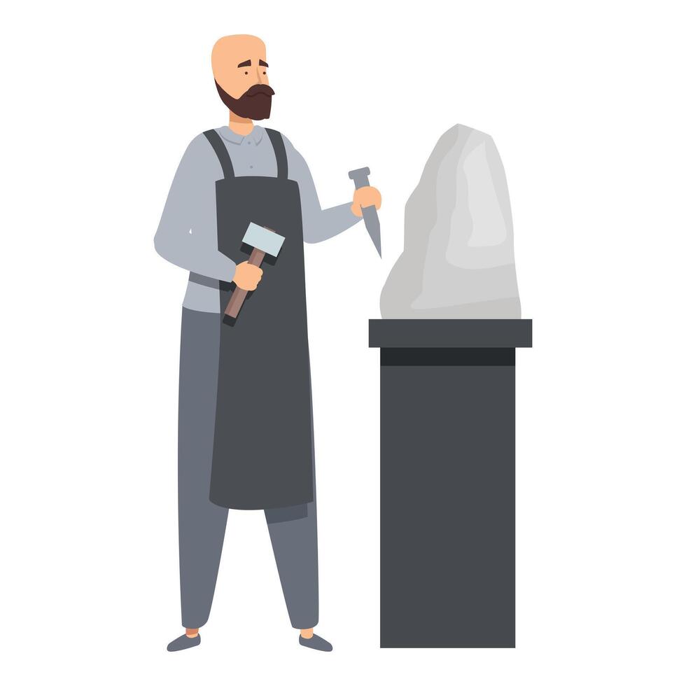 Sculptor chiseling stone block creating sculpture with mallet and chisel vector