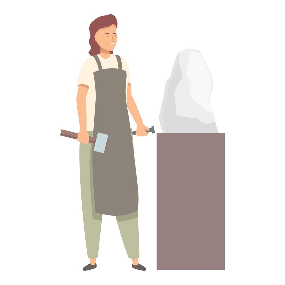 Female sculptor holding hammer and chisel creating stone sculpture vector
