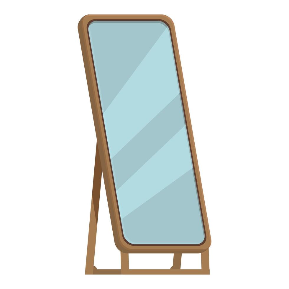 Tall rectangular mirror standing on wooden legs reflecting light blue wall vector