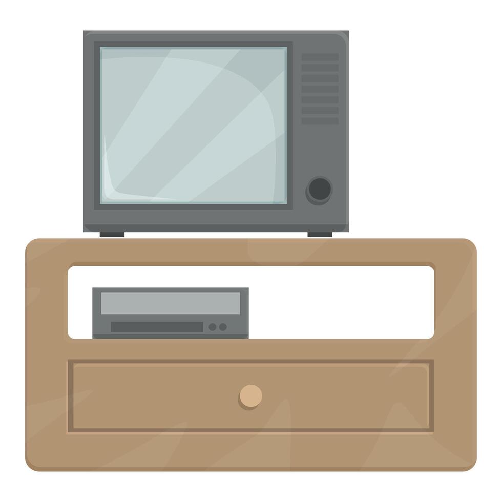 Old television set standing on wooden tv stand with vhs player vector