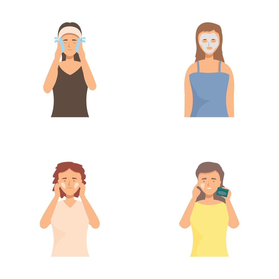 Set of people applying facial masks for skincare routine vector